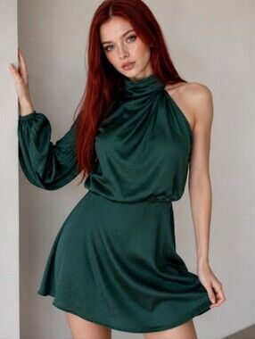NWT Sage + Paige Differences Mini Dress XL Evergreen Satin One Balloon Sleeve